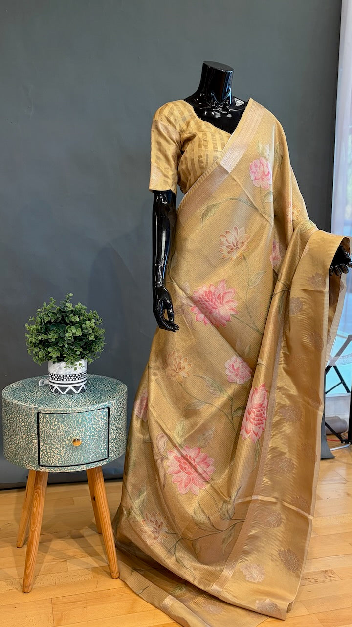 Yellow Gold Banarasi Silk Saree And Blouse