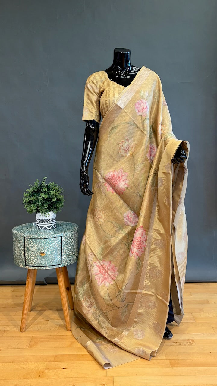 Yellow Gold Banarasi Silk Saree And Blouse