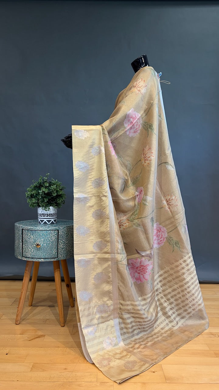 Yellow Gold Banarasi Silk Saree And Blouse