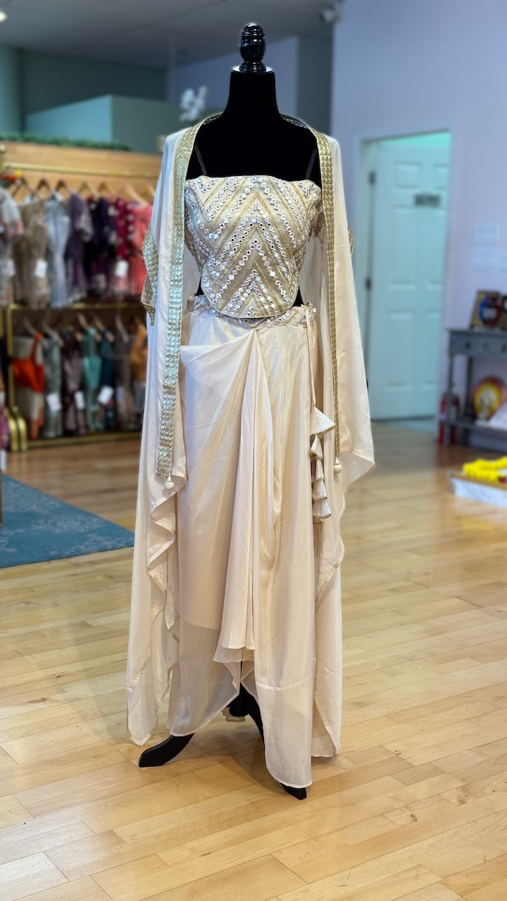 Ivory color Draped Skirt With Corset Blouse And Cape