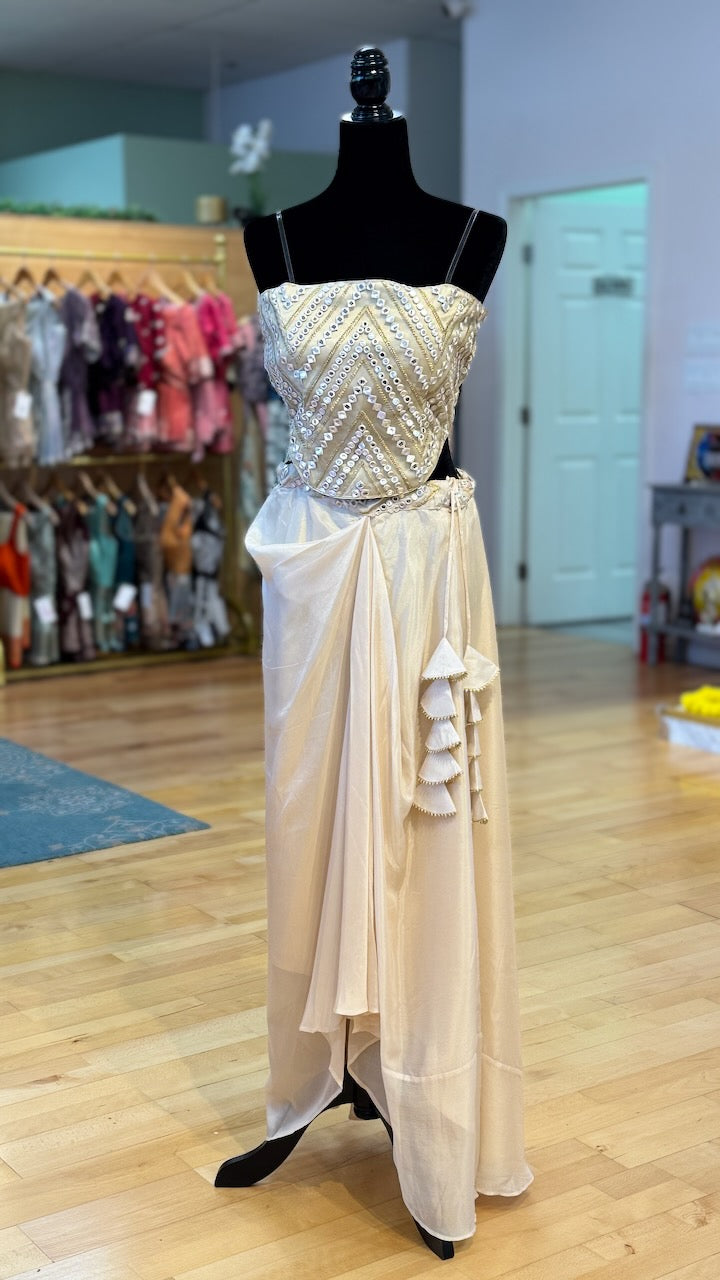 Ivory color Draped Skirt With Corset Blouse And Cape