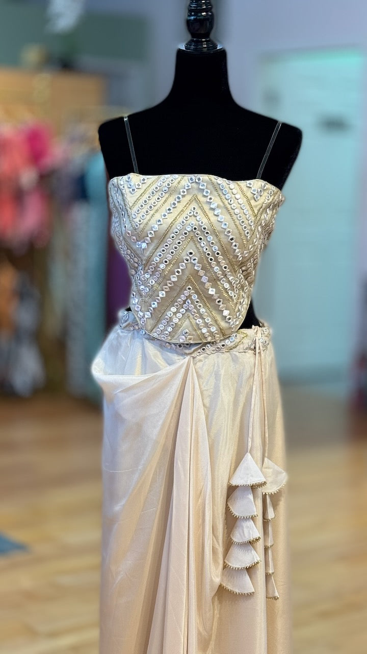 Ivory color Draped Skirt With Corset Blouse And Cape