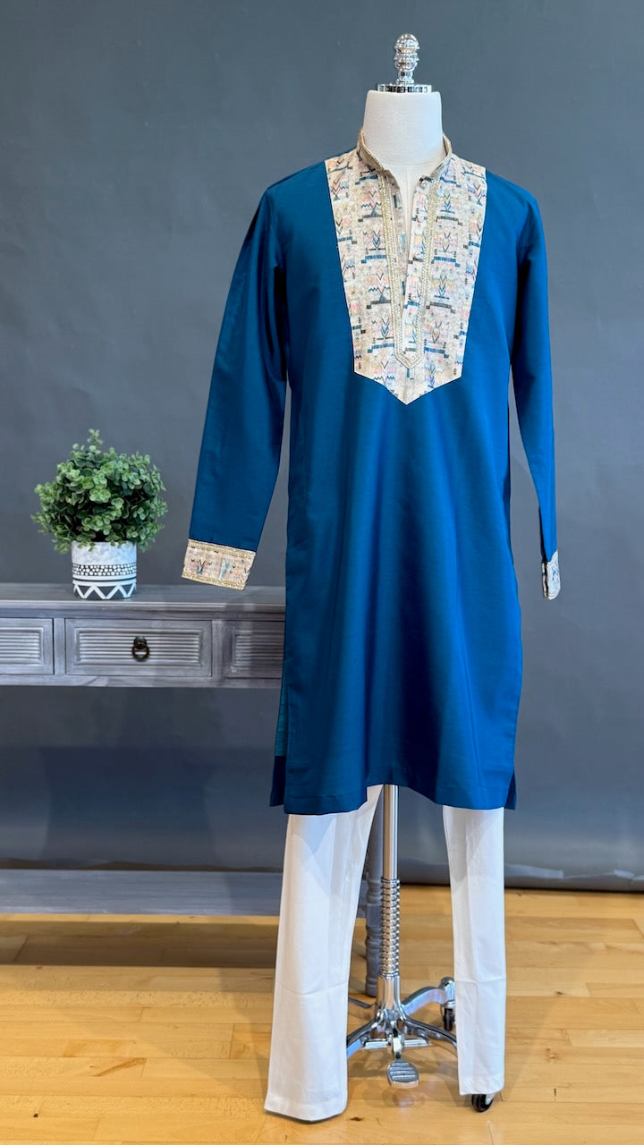 Teal color embroidered men kurta set