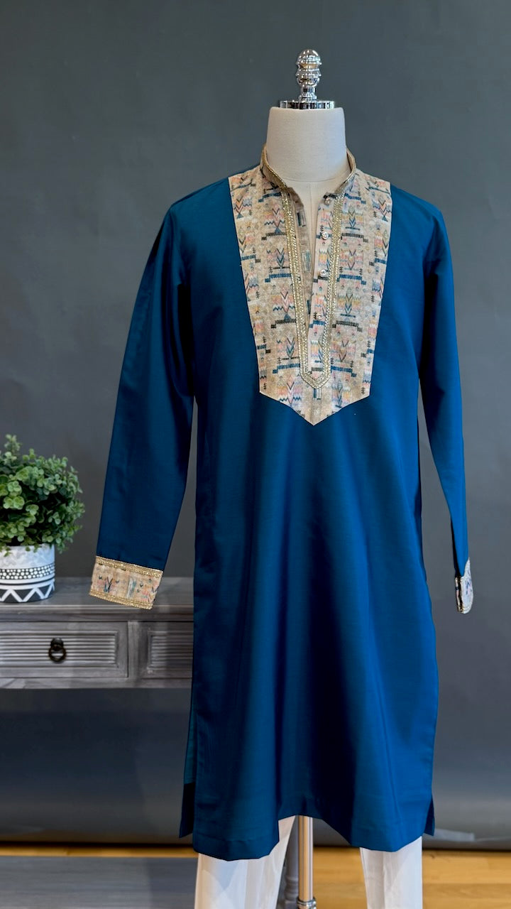 Teal color embroidered men kurta set
