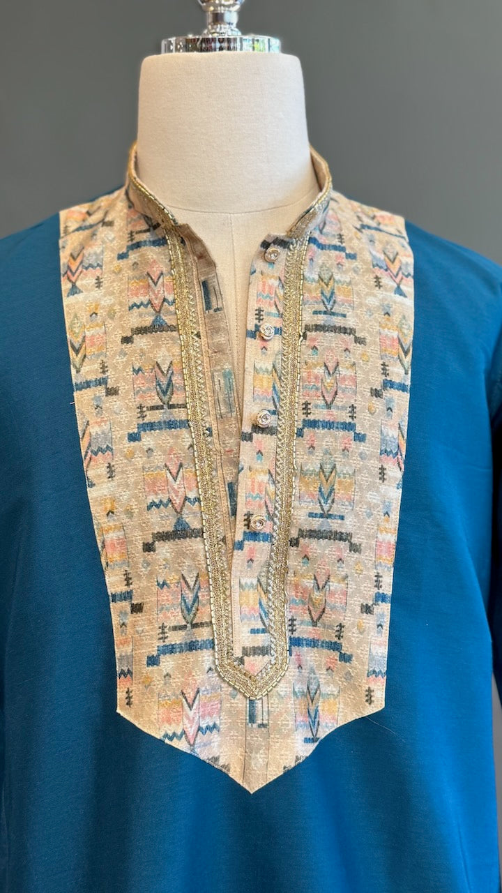 Teal color embroidered men kurta set