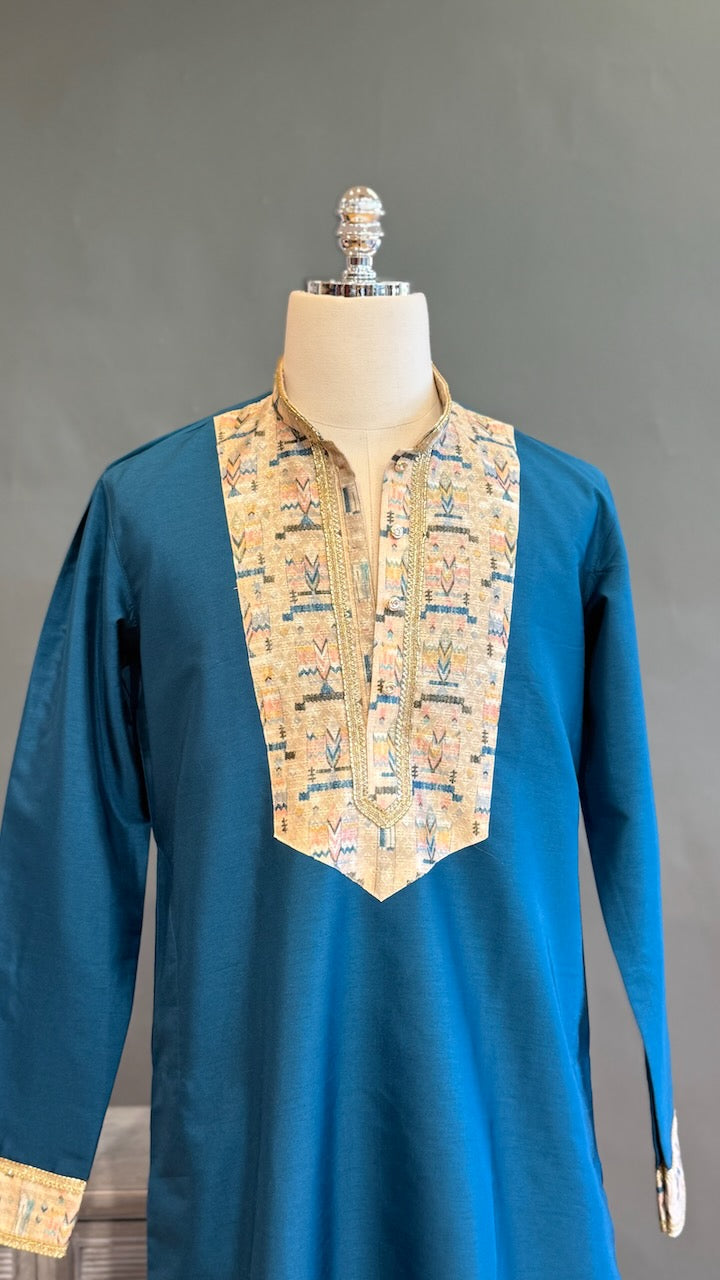 Teal color embroidered men kurta set