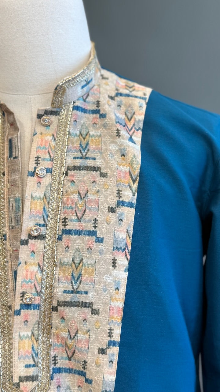 Teal color embroidered men kurta set