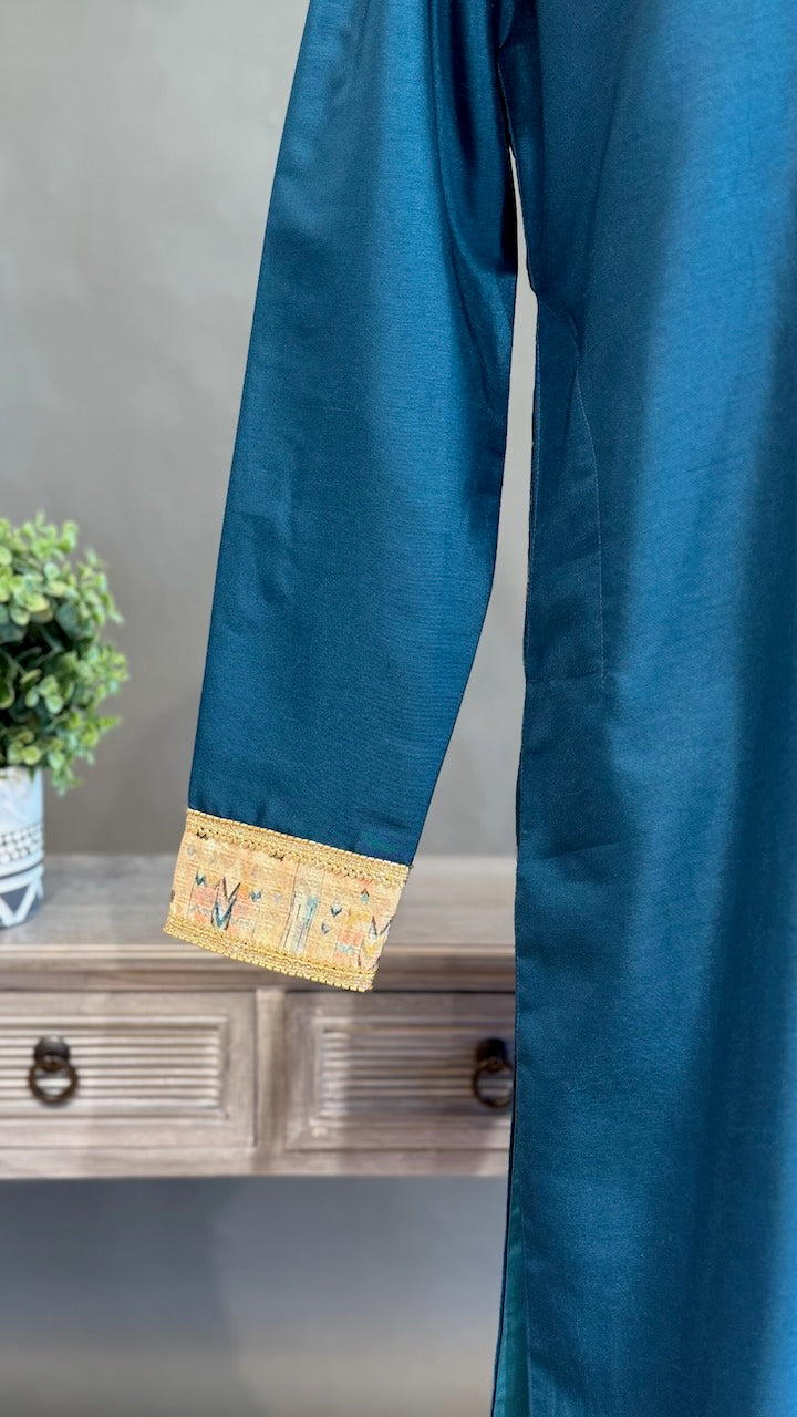 Teal color embroidered men kurta set
