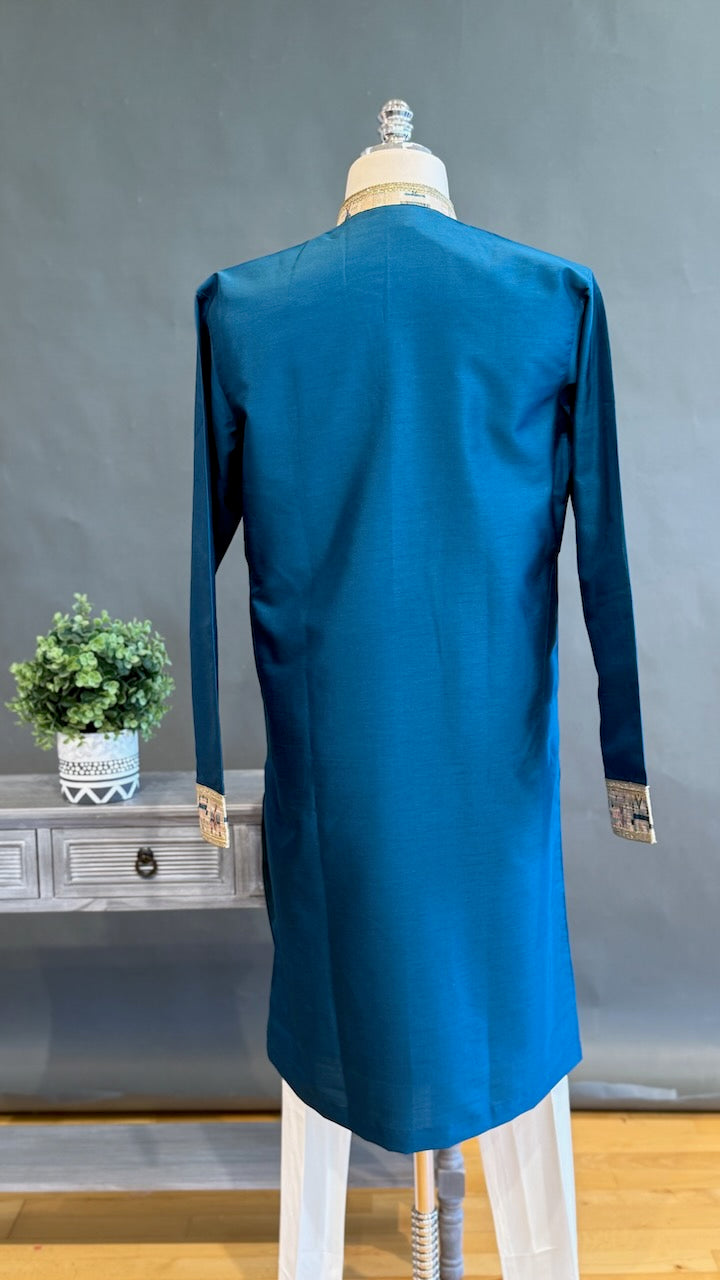 Teal color embroidered men kurta set