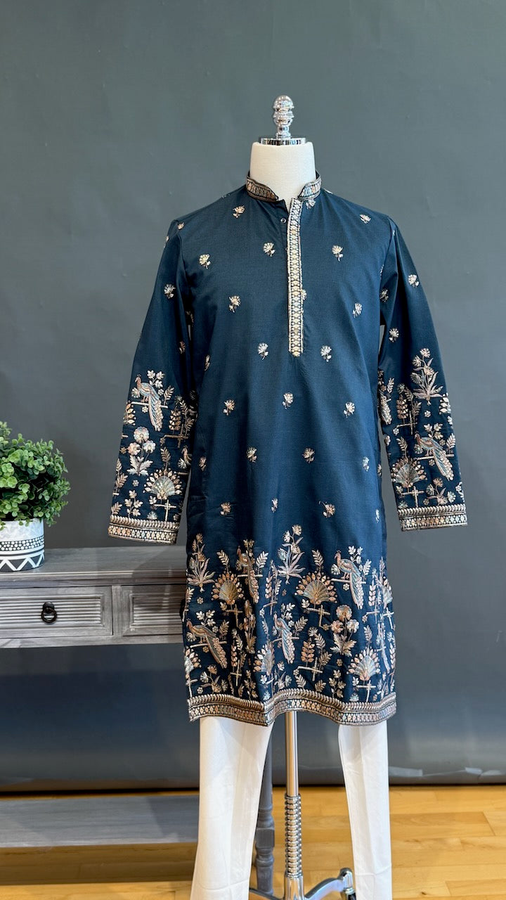 Dark Teal Embroidered Men's kurta set