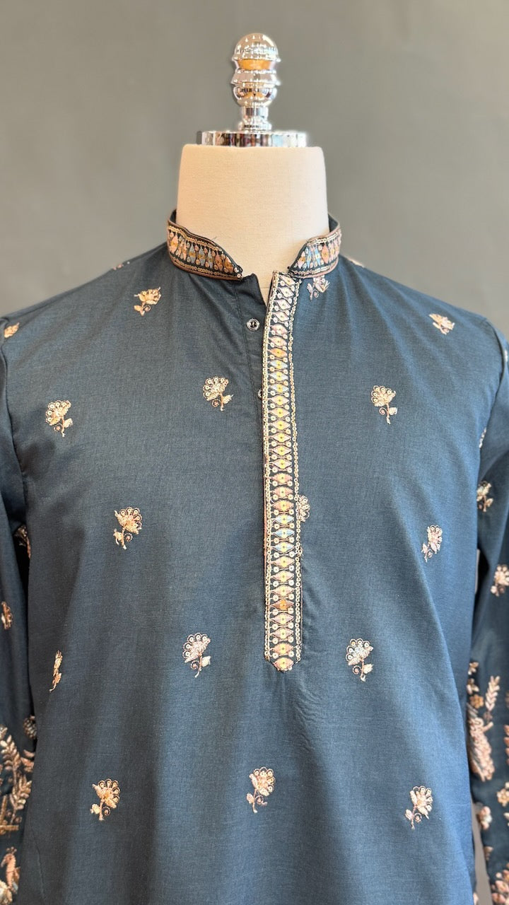 Dark Teal Embroidered Men's kurta set