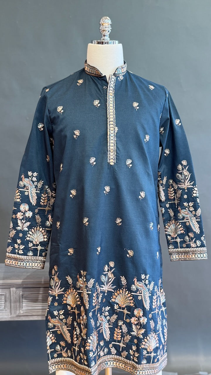 Dark Teal Embroidered Men's kurta set