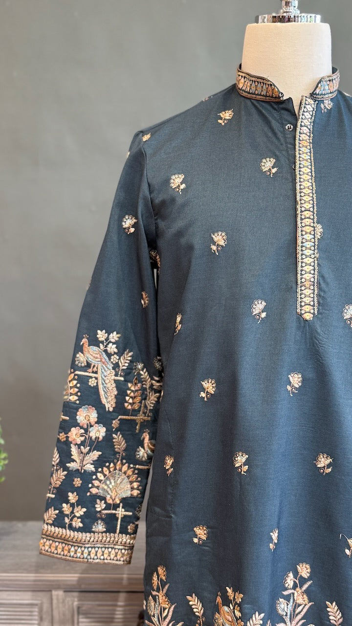Dark Teal Embroidered Men's kurta set
