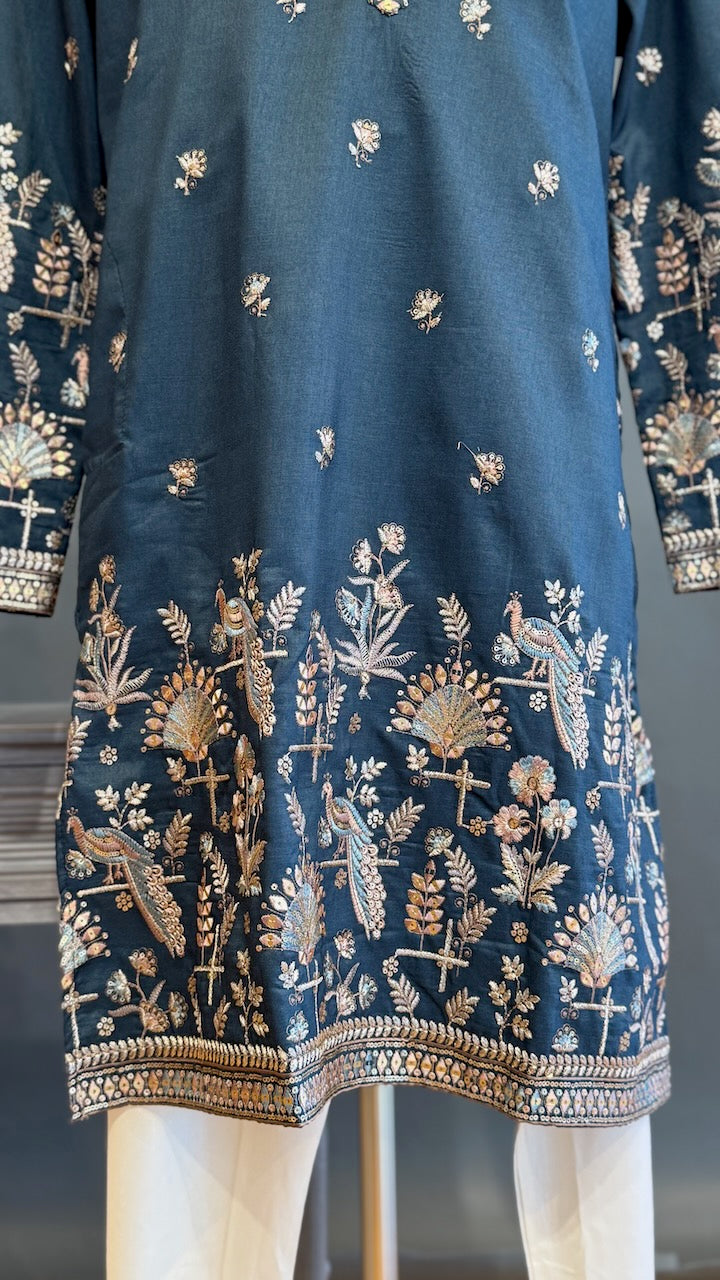 Dark Teal Embroidered Men's kurta set