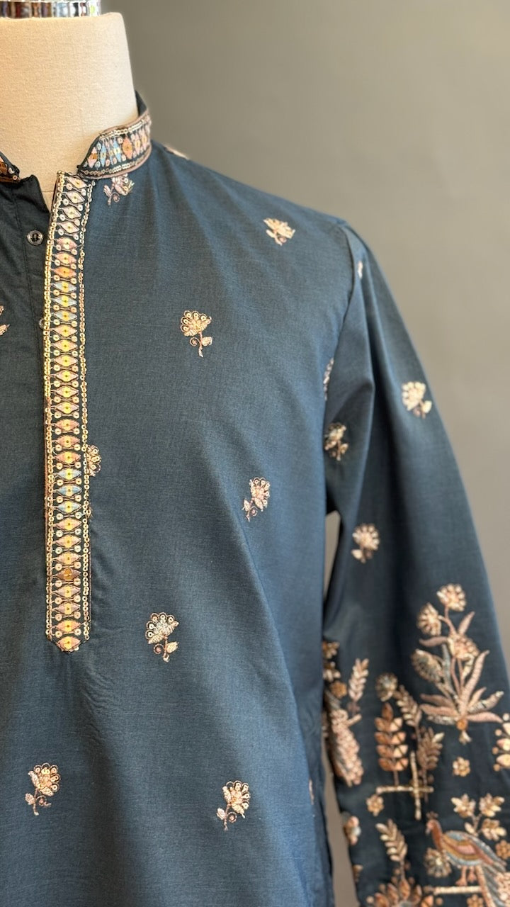 Dark Teal Embroidered Men's kurta set