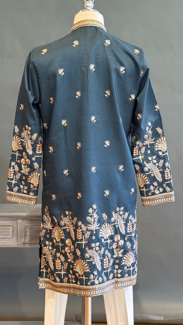 Dark Teal Embroidered Men's kurta set