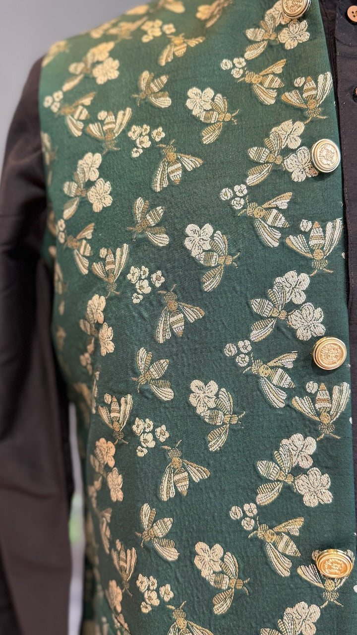 Bottle Green Banarasi Brocade Vest