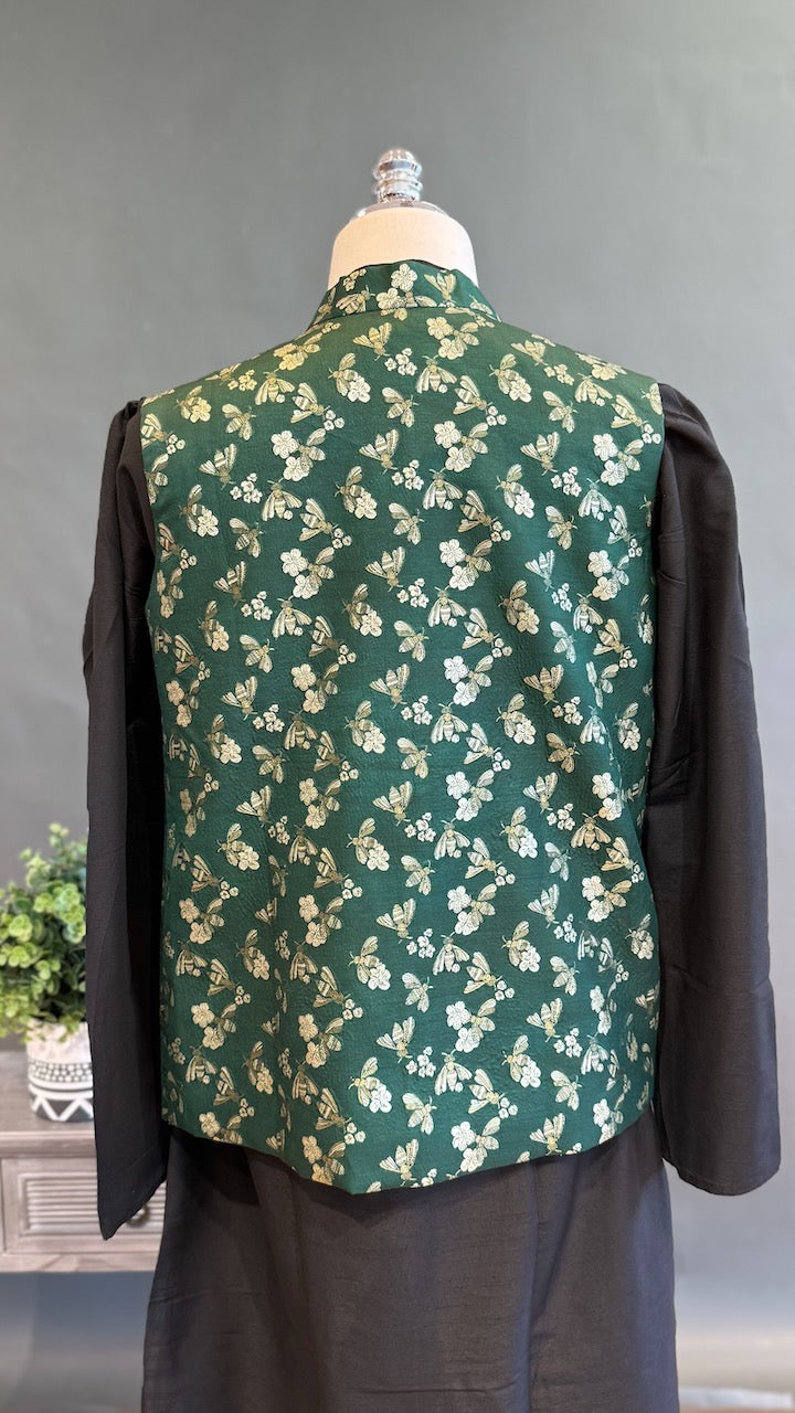 Bottle Green Banarasi Brocade Vest
