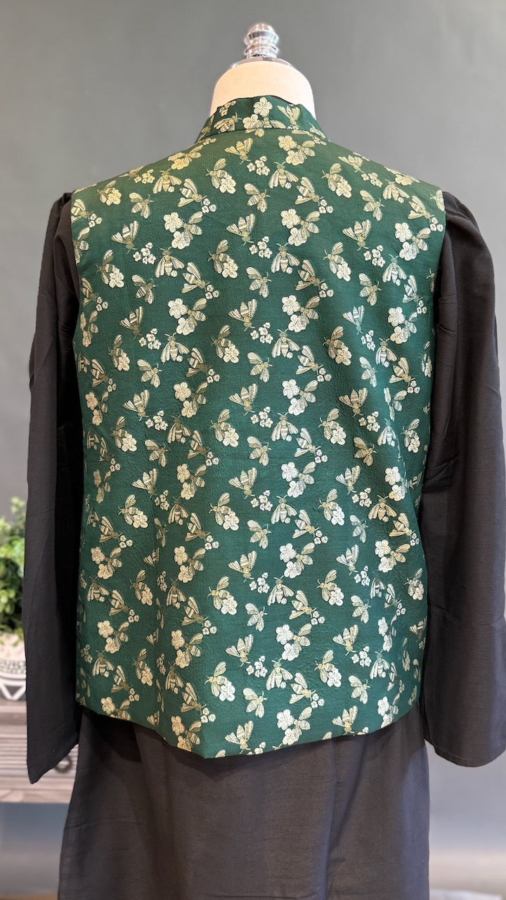 Bottle Green Banarasi Brocade Vest