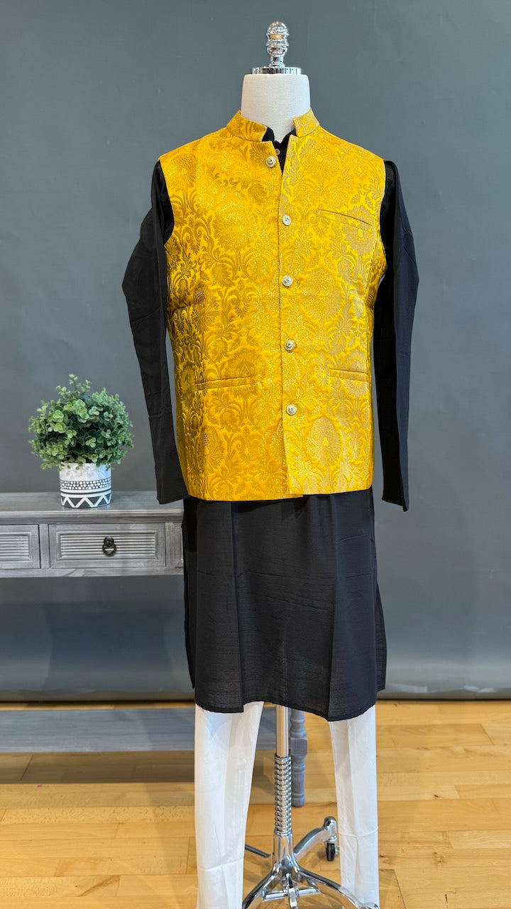 Bright Yellow Banarasi Brocade Vest