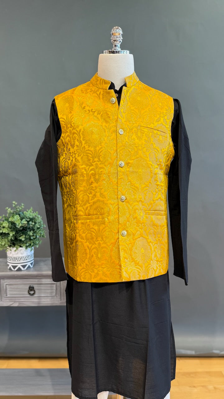 Bright Yellow Banarasi Brocade Vest