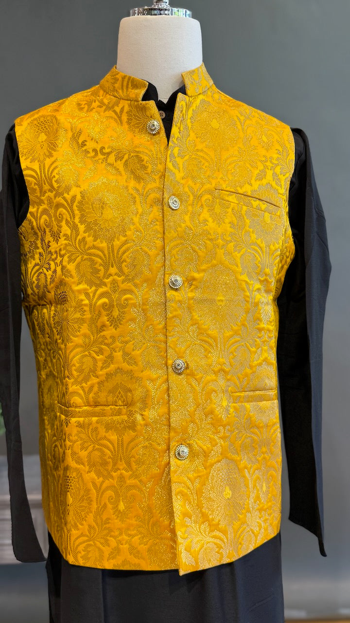 Bright Yellow Banarasi Brocade Vest