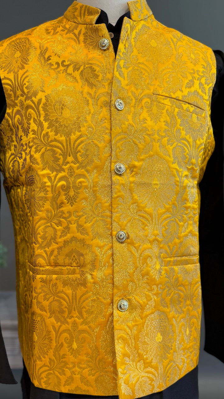 Bright Yellow Banarasi Brocade Vest