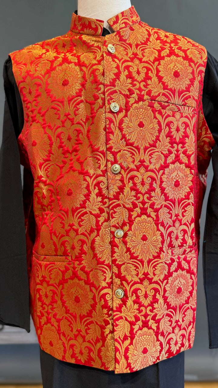 Red Banarasi Brocade Vest