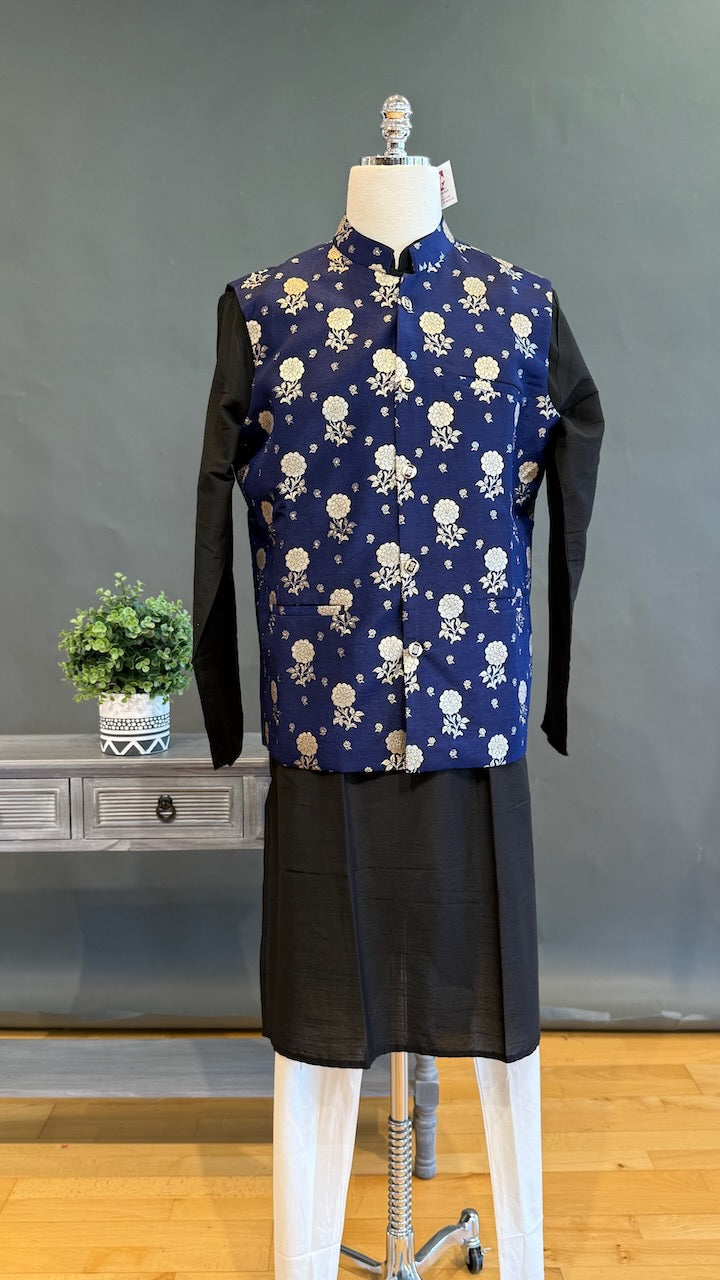 Navy Blue Banarasi Brocade Vest