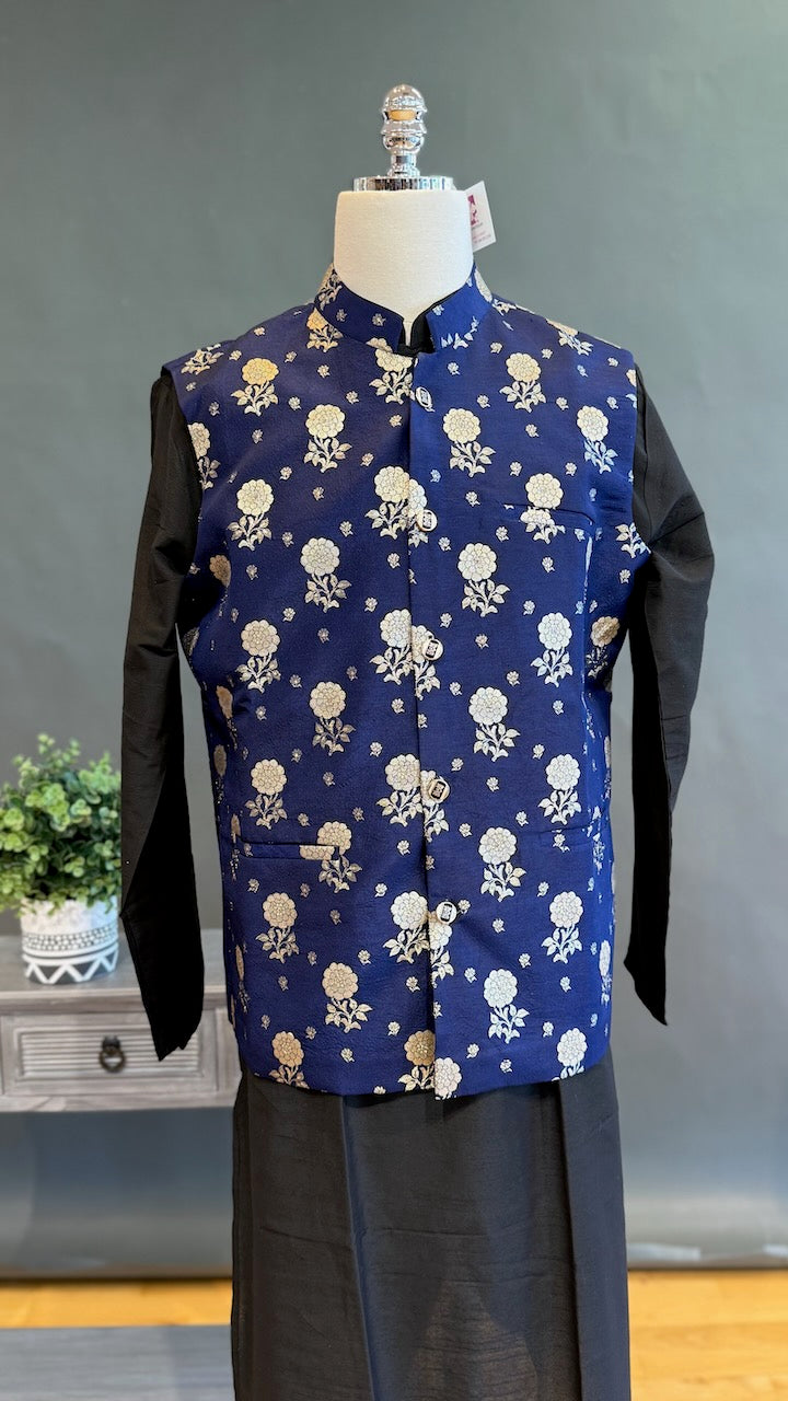 Navy Blue Banarasi Brocade Vest