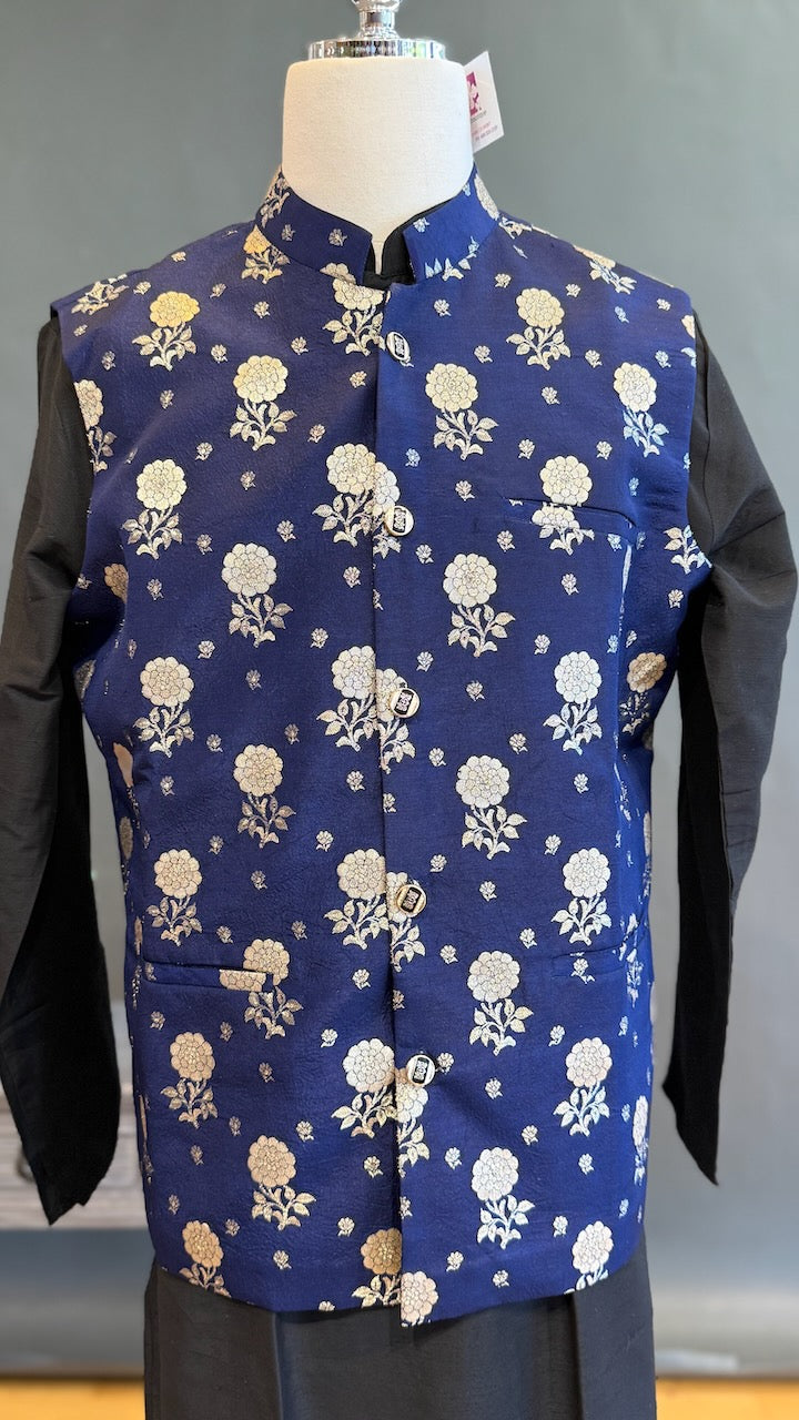 Navy Blue Banarasi Brocade Vest