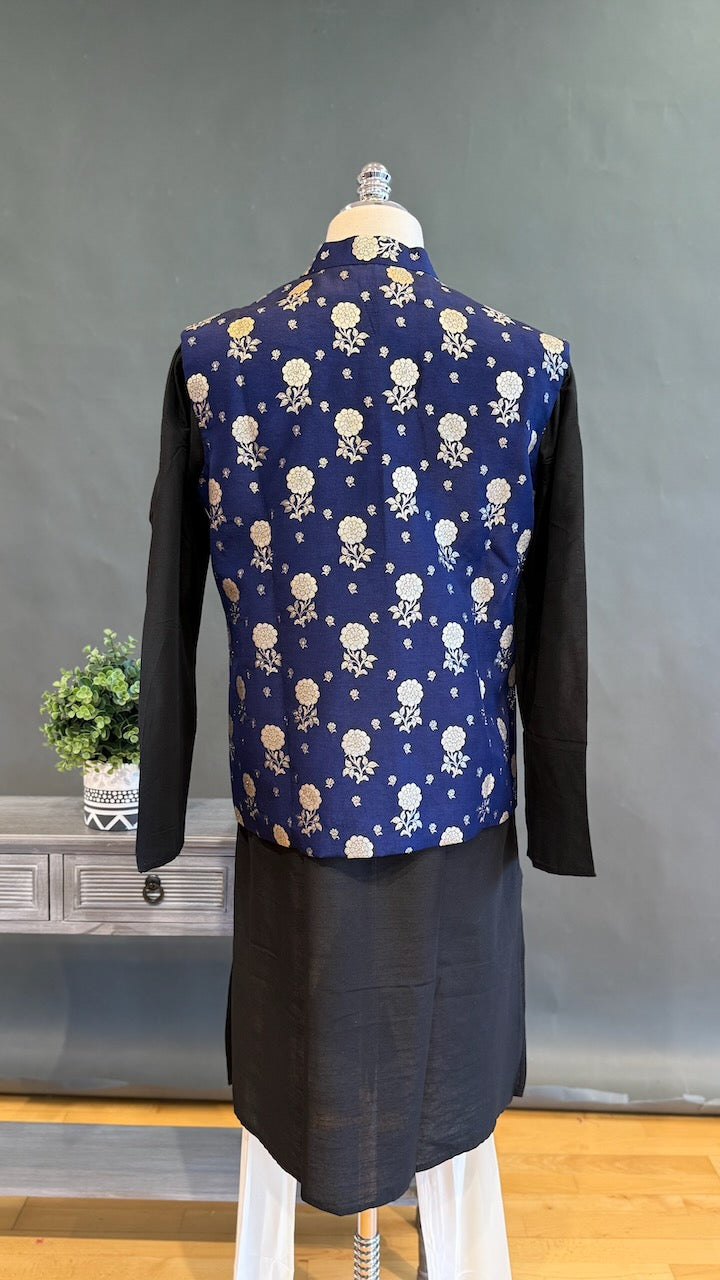 Navy Blue Banarasi Brocade Vest