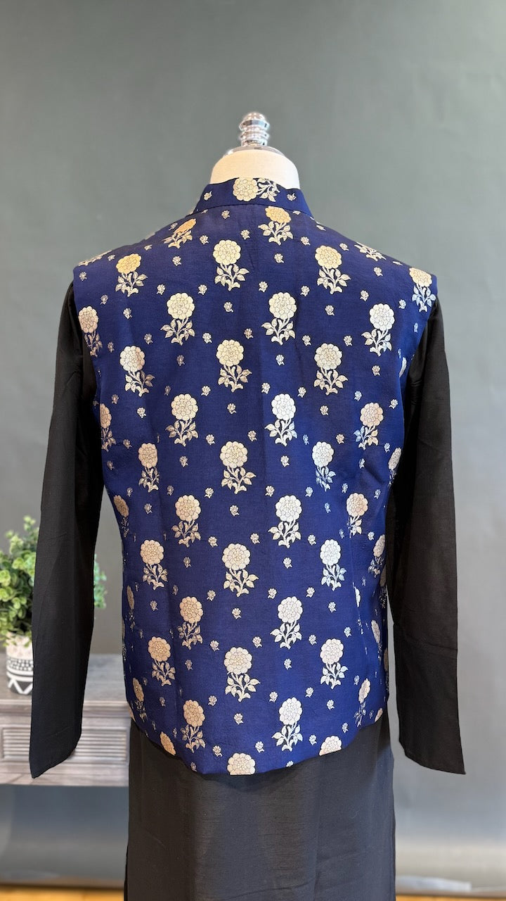 Navy Blue Banarasi Brocade Vest