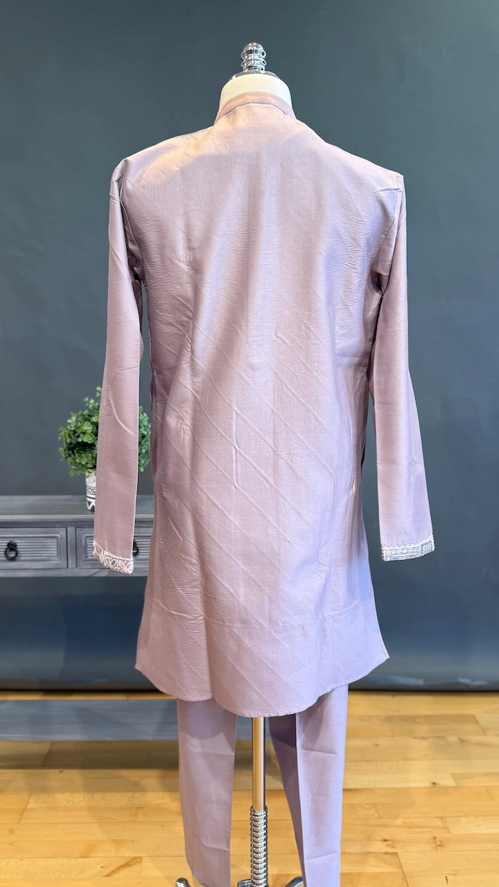 Mauve Kurta Pajama with Long Embroidered Jacket