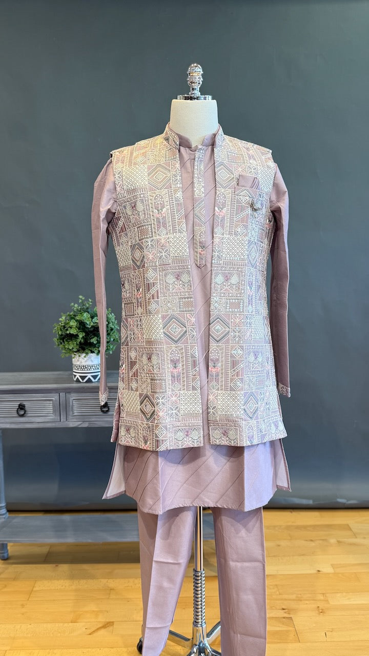 Mauve Kurta Pajama with Long Embroidered Jacket