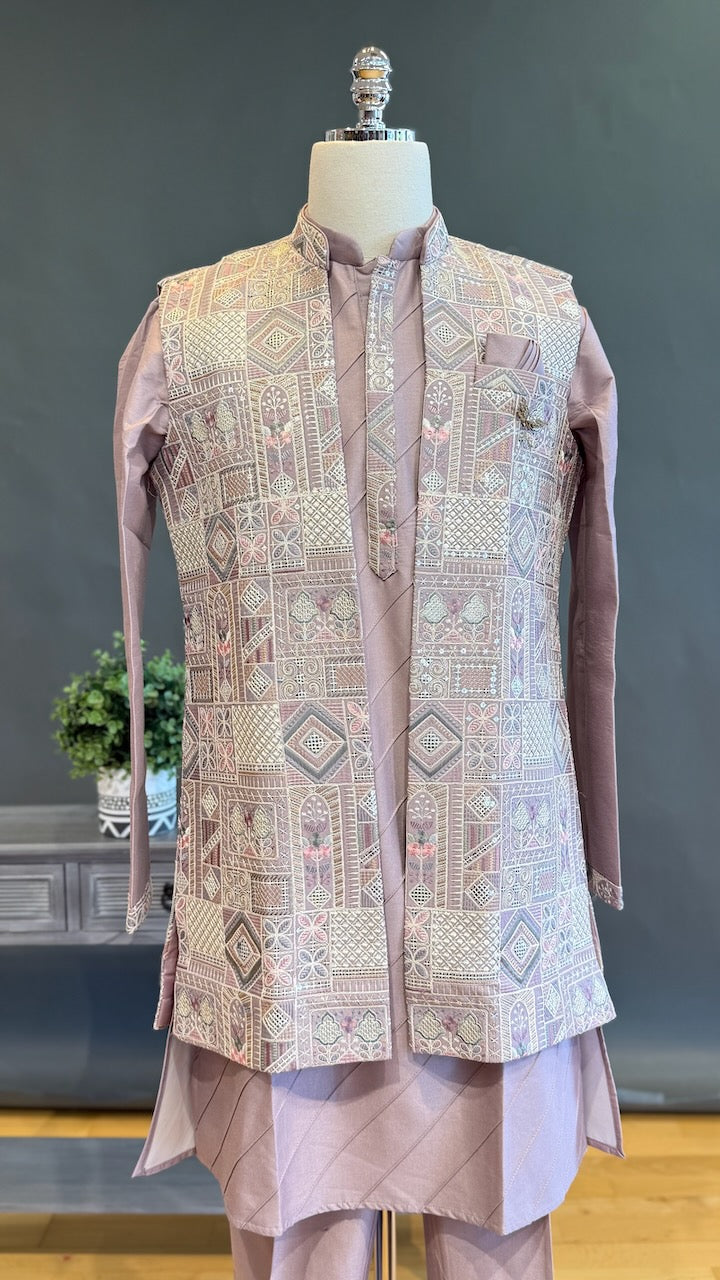 Mauve Kurta Pajama with Long Embroidered Jacket