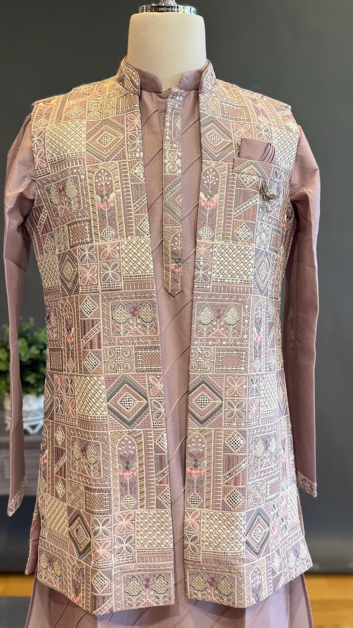 Mauve Kurta Pajama with Long Embroidered Jacket
