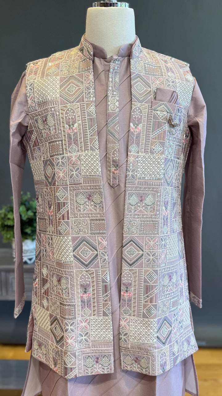 Mauve Kurta Pajama with Long Embroidered Jacket