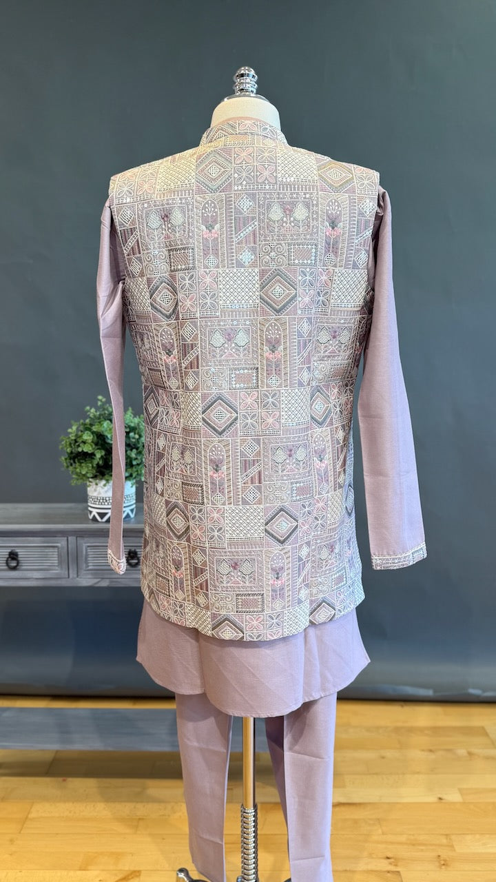Mauve Kurta Pajama with Long Embroidered Jacket