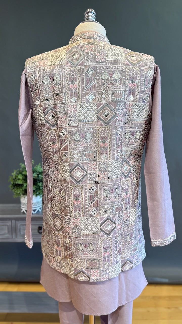 Mauve Kurta Pajama with Long Embroidered Jacket