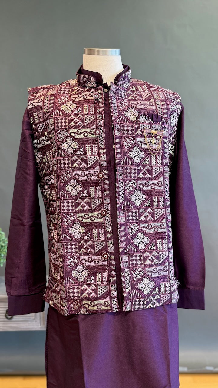 Plum Kurta Pajama with Long Embroidered Jacket Set
