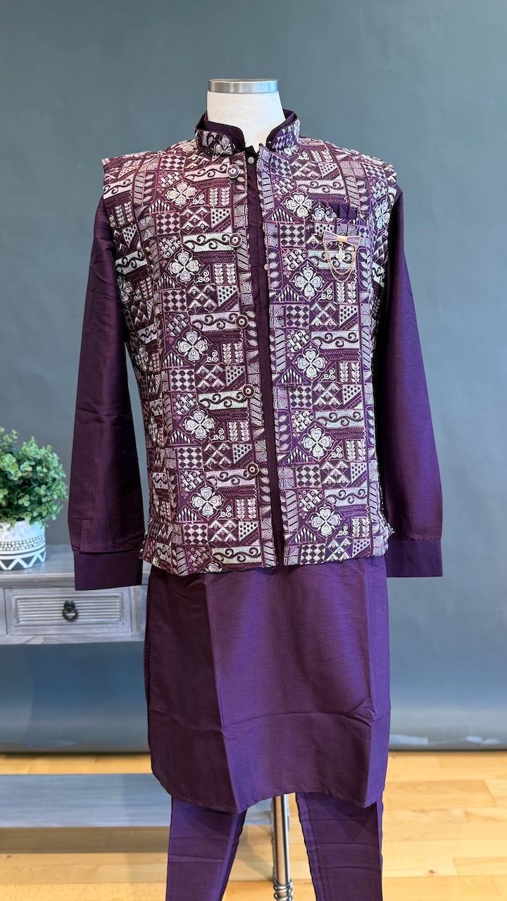 Plum Kurta Pajama with Long Embroidered Jacket Set