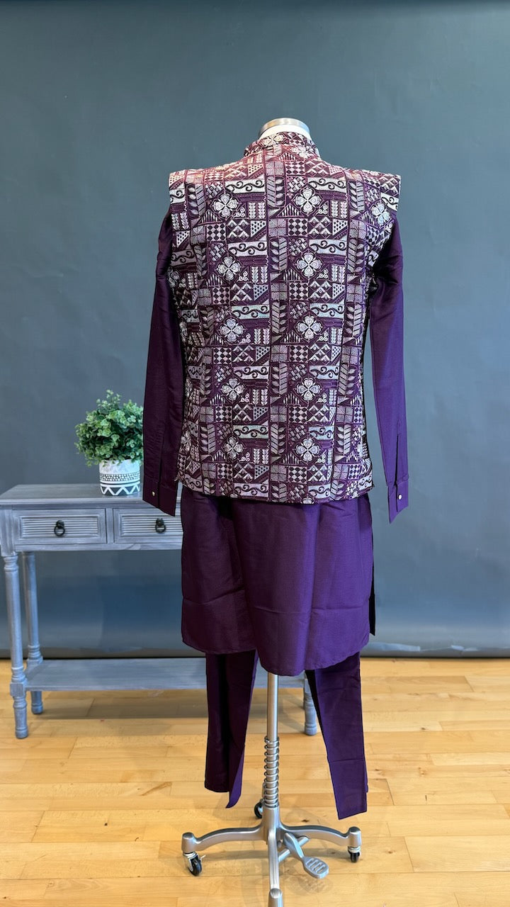 Plum Kurta Pajama with Long Embroidered Jacket Set
