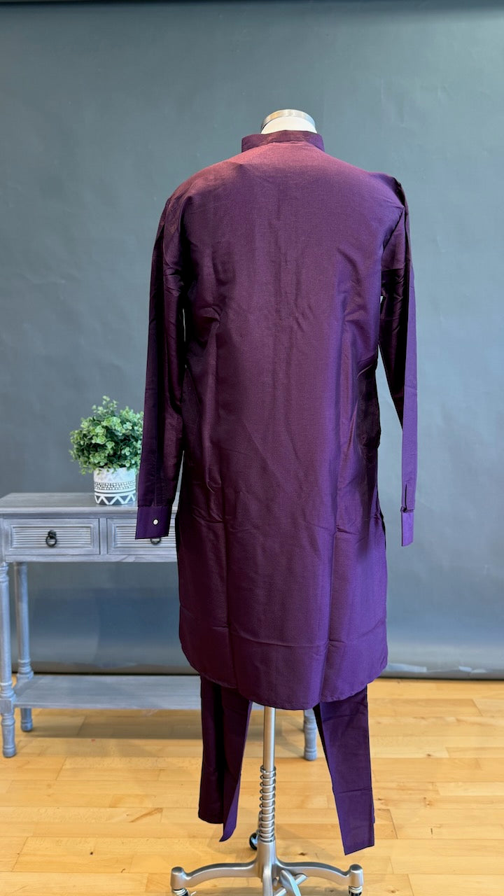 Plum Kurta Pajama with Long Embroidered Jacket Set
