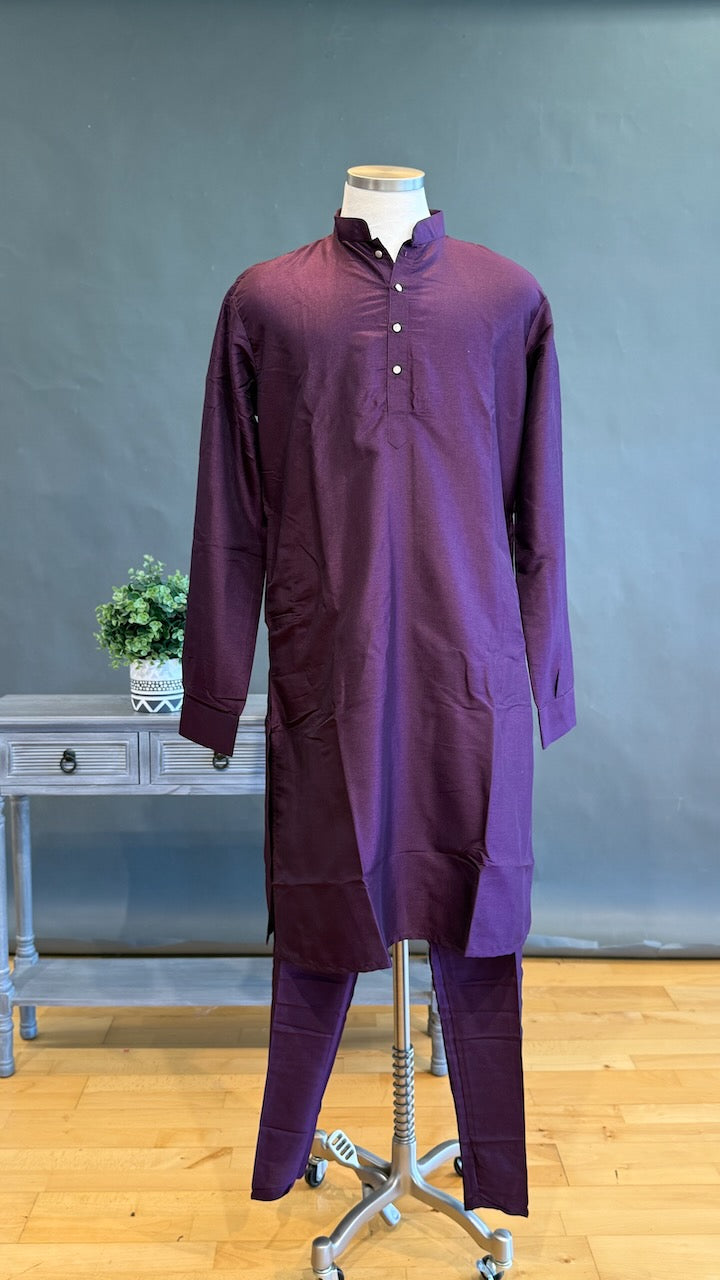 Plum Kurta Pajama with Long Embroidered Jacket Set