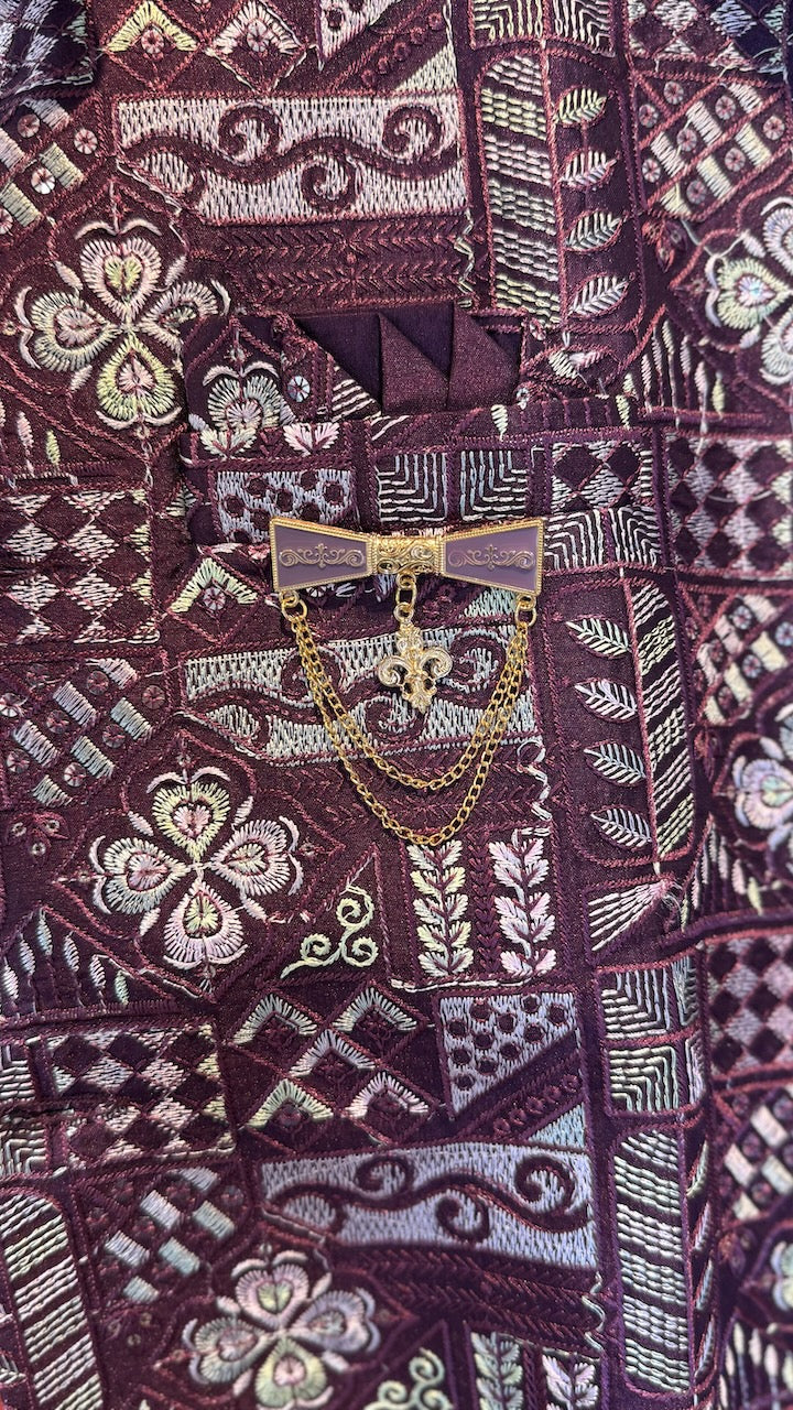 Plum Kurta Pajama with Long Embroidered Jacket Set