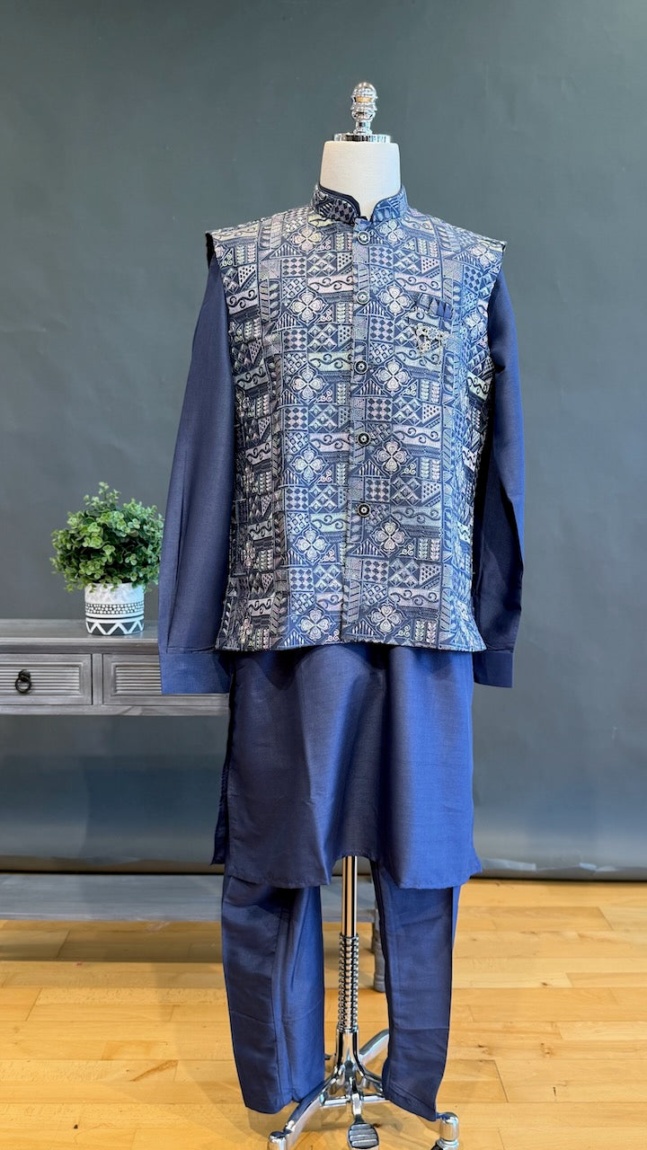 Blue Kurta Pajama with Embroidered Vest