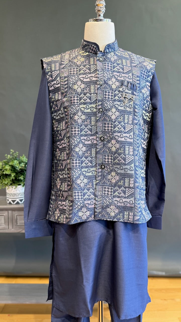 Blue Kurta Pajama with Embroidered Vest