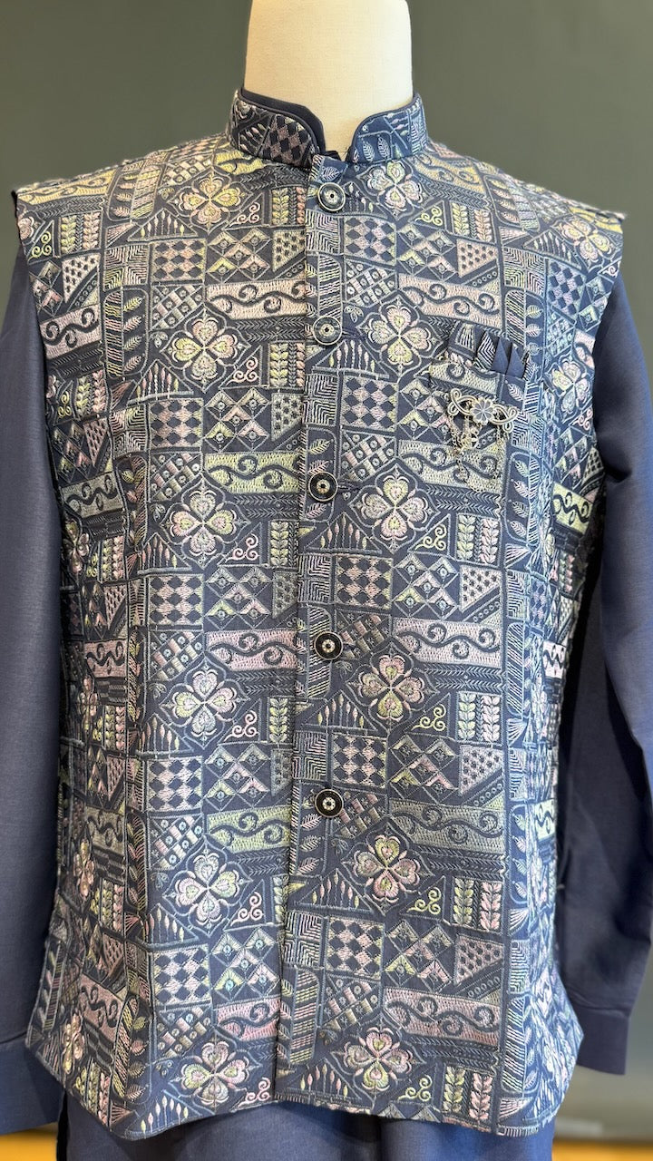 Blue Kurta Pajama with Embroidered Vest