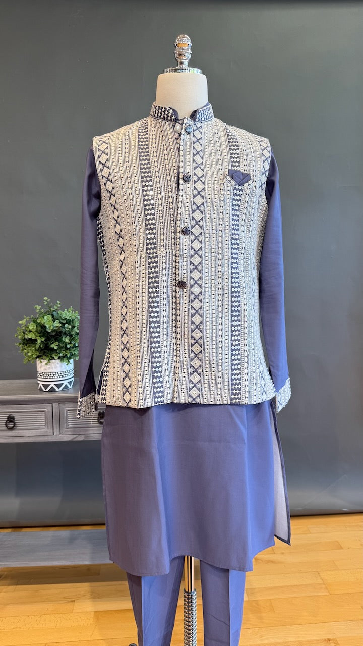 Purple blue color mirror work jacket kurta set